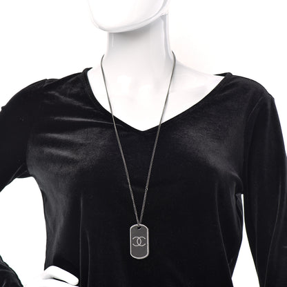 Chanel Metal Crystal Ruthenium Dog Tag Charm Necklace Silver 2 of 5