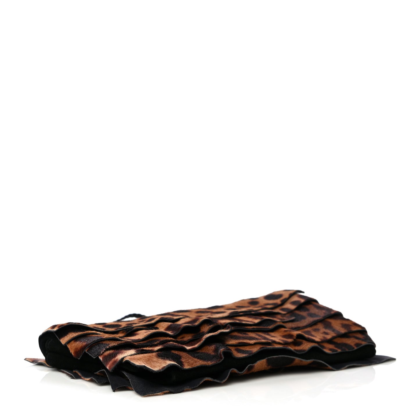 Calf Hair Ruffle Leopard Print Fold-Over Clutch Black