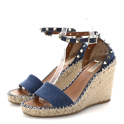 Valentino Garavani Denim Rockstud Ankle Strap Espadrille 15/105mm Wedge Sandals 39 Light Denim 4 of 9