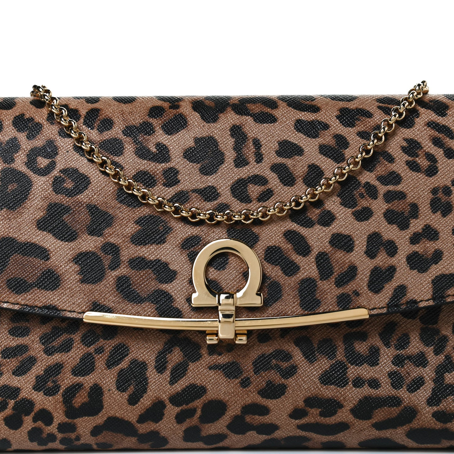 Grained Calfskin Leopard Print Gancio Shoulder Bag Black
