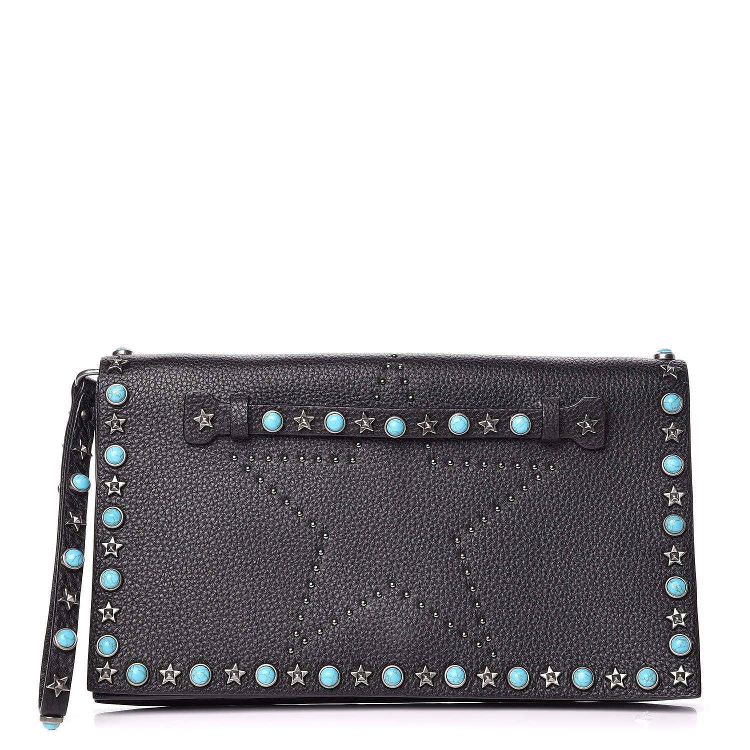 Valentino Garavani Pebbled Calfskin Star Rockstud Rolling Wristlet Clutch Black 1 of 9