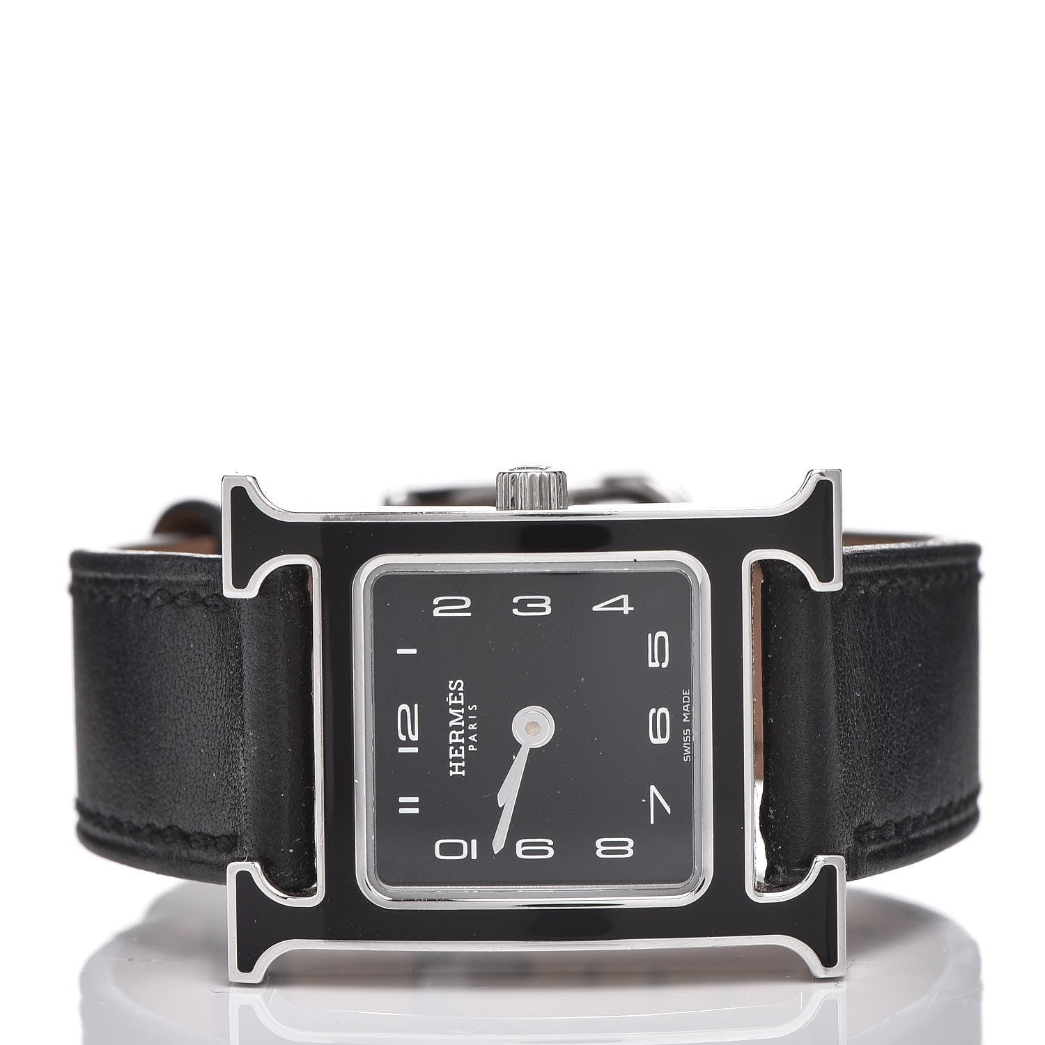 Hermes Stainless Steel Barenia Lacquer 21mm Heure H Hour Quartz Watch Noir 3 of 10
