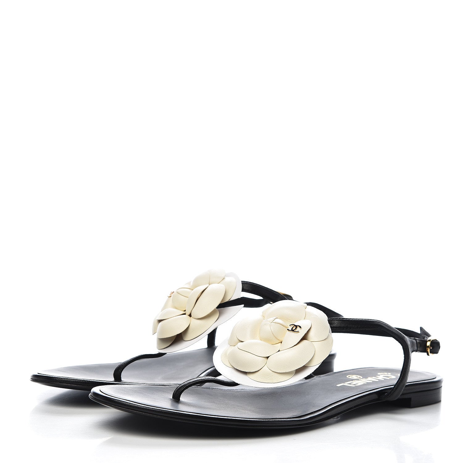 Chanel Lambskin Camellia Thong Sandals 41 Black White 3 of 10