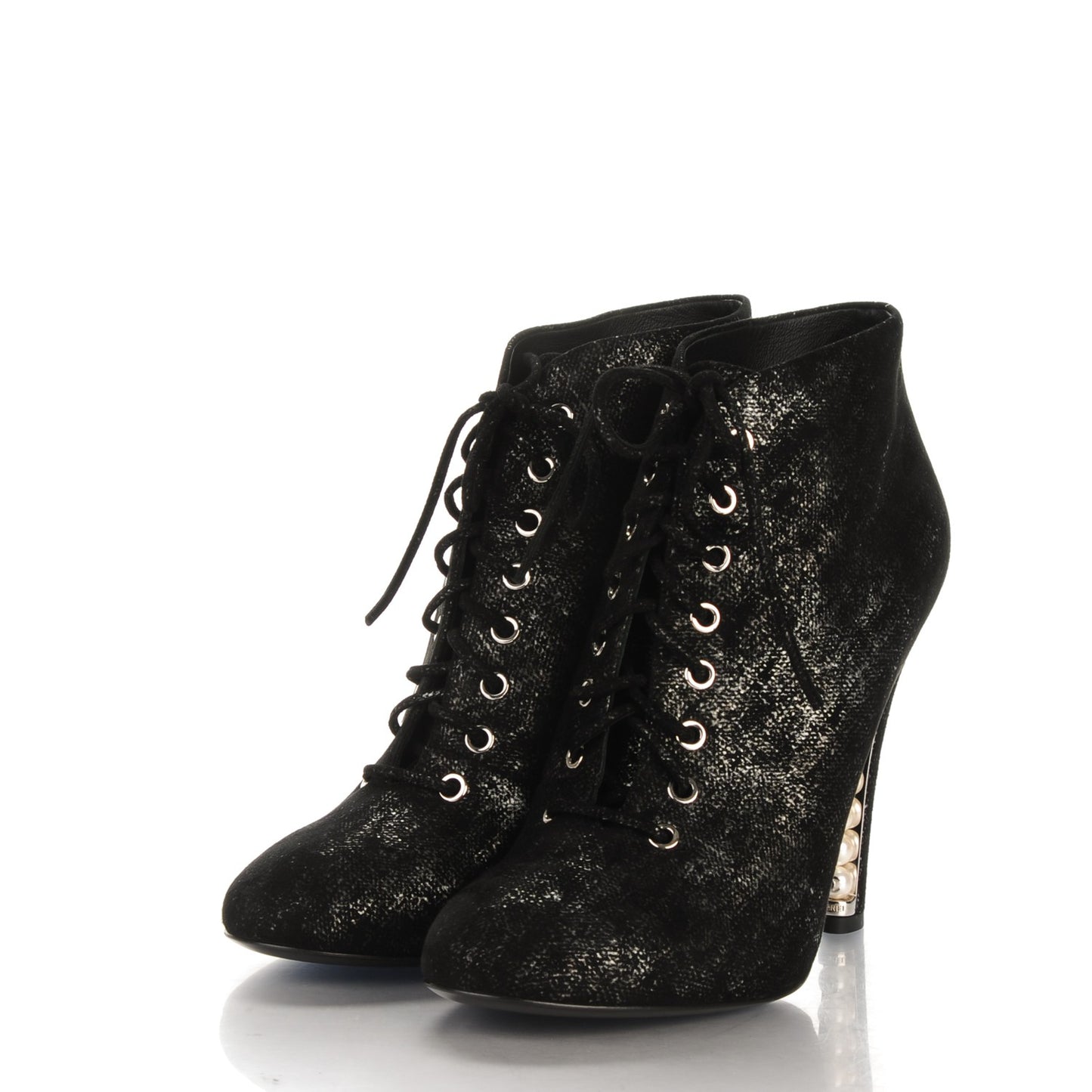 Iridescent Calfskin Pearl Lace Up Short Boots 39.5 Black