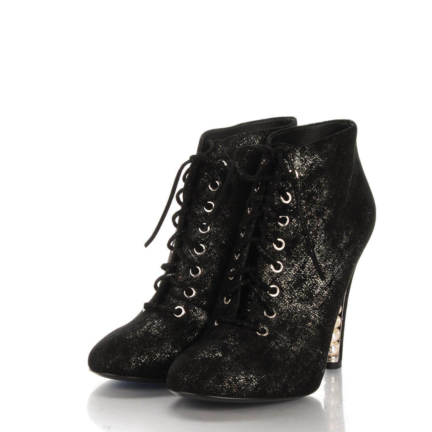 Chanel Iridescent Calfskin Pearl Lace Up Short Boots 39.5 Black 3 of 8