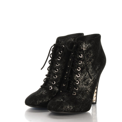 Chanel Iridescent Calfskin Pearl Lace Up Short Boots 39.5 Black 3 of 8