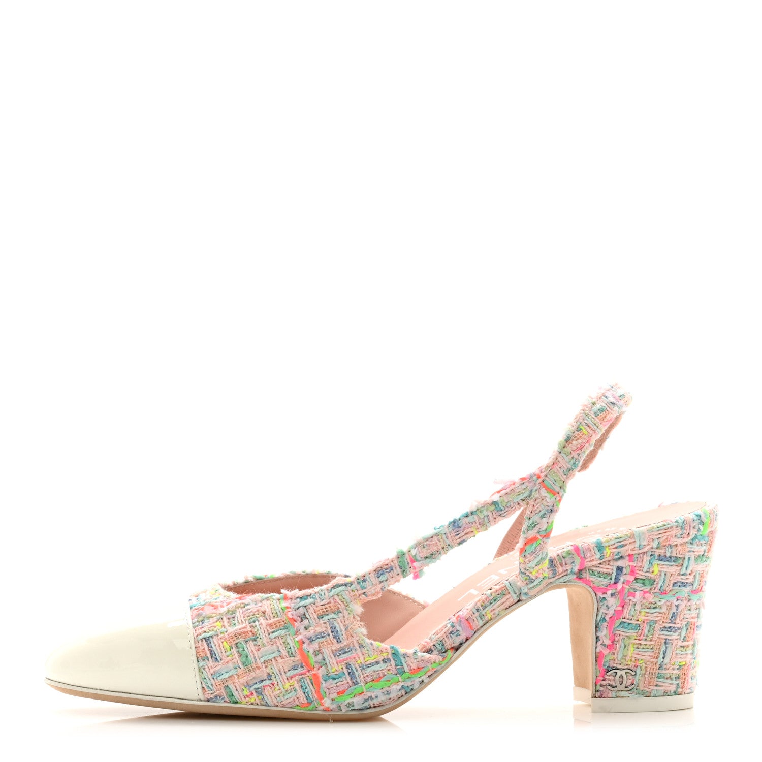 Chanel Tweed Lambskin Cap Toe CC Slingback Pumps 36.5 Pink White 1 of 8