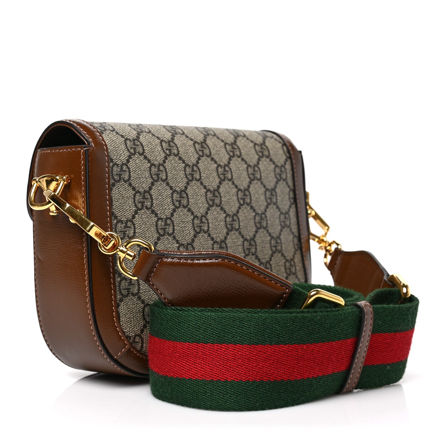 Gucci GG Supreme Monogram Azalea Calfskin Web Mini Horsebit 1955 Shoulder Bag Beige Ebony Brown Sugar 3 of 9