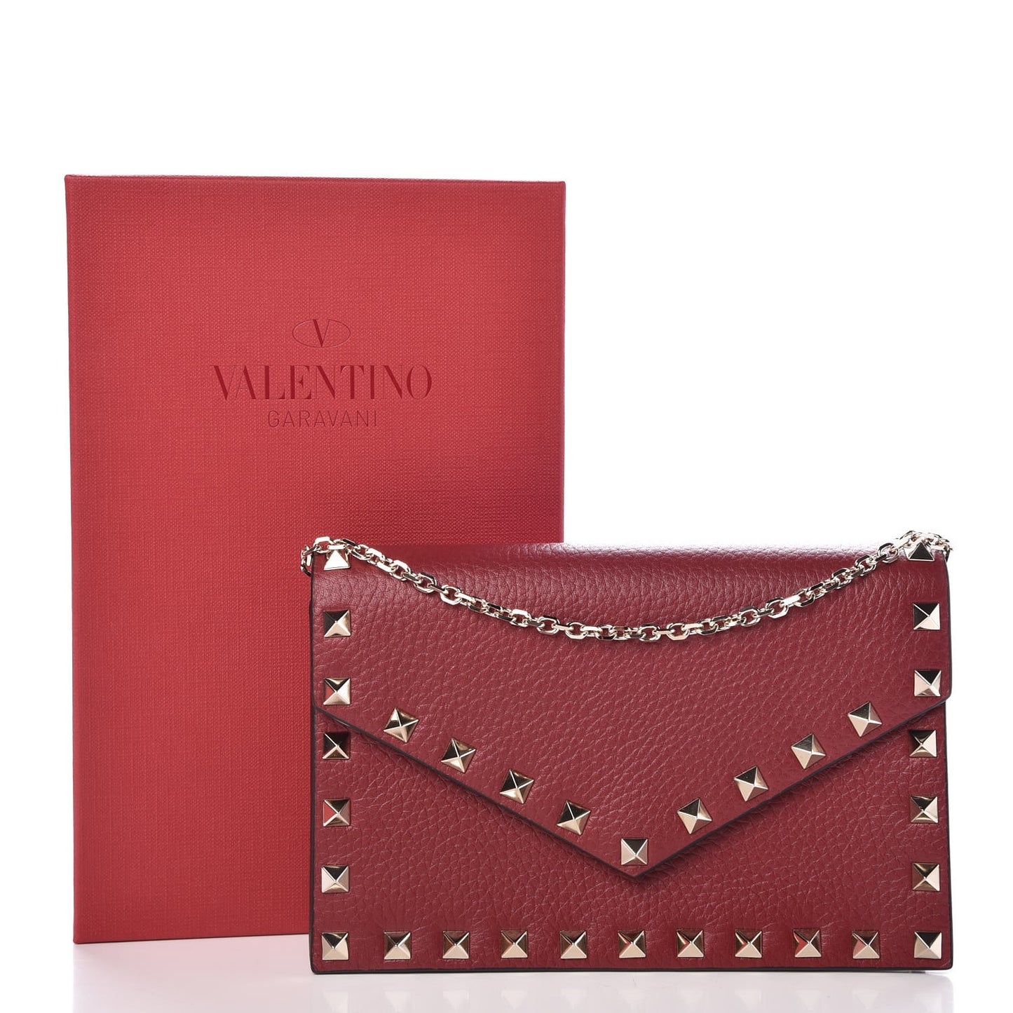 Pebbled Calfskin Rockstud Envelope Wallet on Chain Rubino