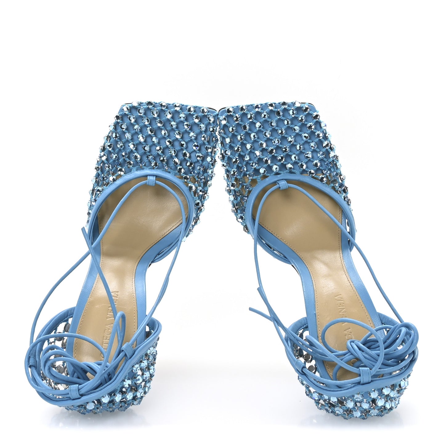 Mesh Nappa Crystal Embellished Sparkle Stretch Ankle Tie Sandals 38.5 Pool