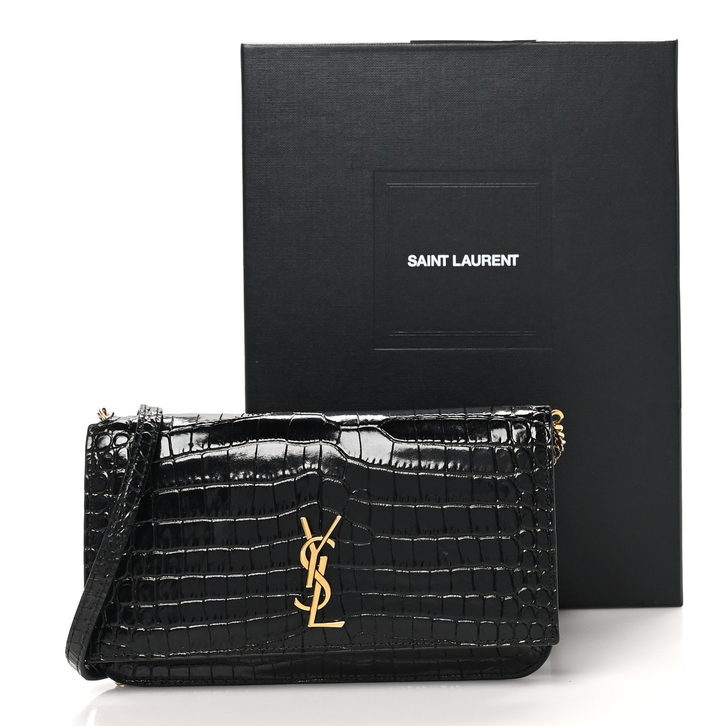 Calfskin Crocodile Embossed Monogram Phone Holder Crossbody Black