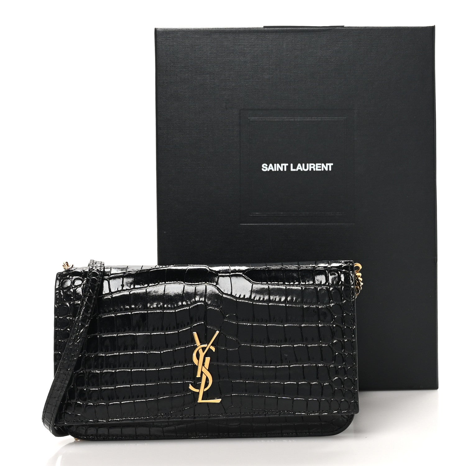 Saint Laurent Calfskin Crocodile Embossed Monogram Phone Holder Crossbody Black 11 of 11