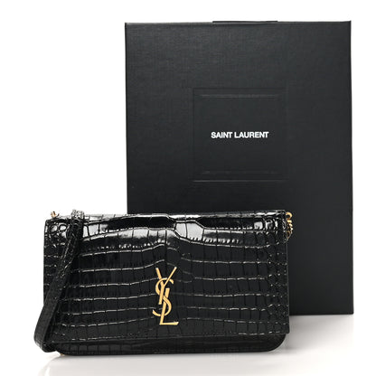 Saint Laurent Calfskin Crocodile Embossed Monogram Phone Holder Crossbody Black 11 of 11