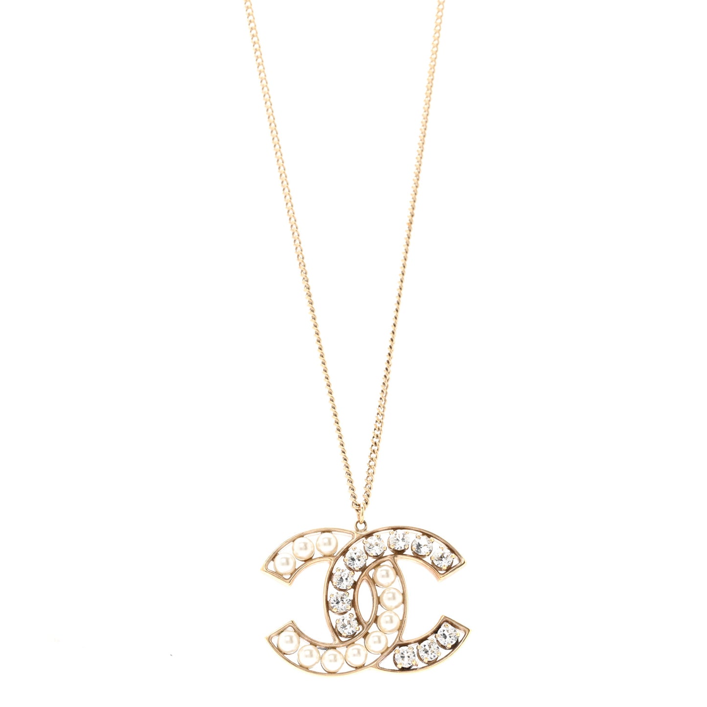 Pearl Crystal CC Pendant Necklace Gold