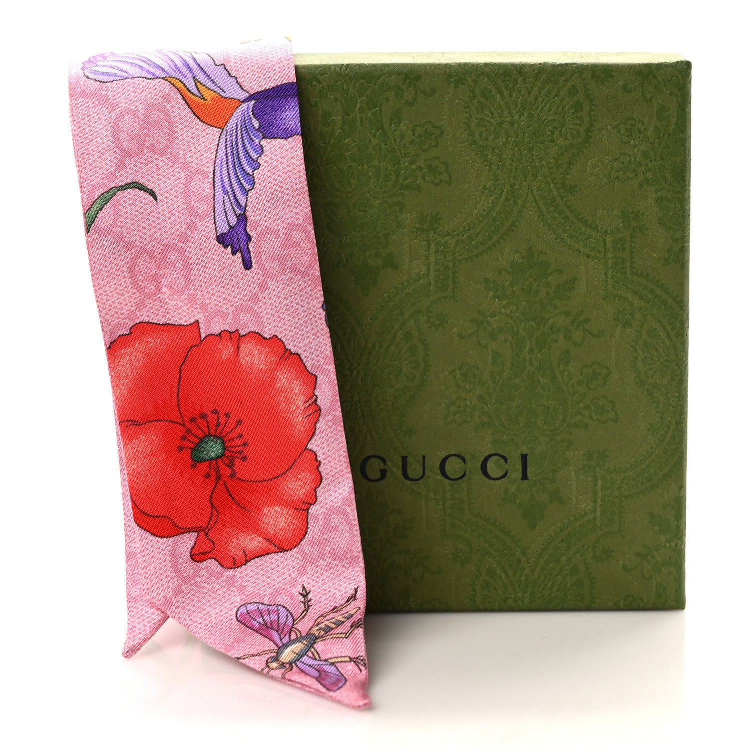 Gucci Silk Twill GG Monogram Floral Print Neck Bow Scarf Roseate 5 of 5