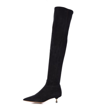 Valentino Garavani Suede Thigh High Kitten Heel Boots 37.5 Black 1 of 6