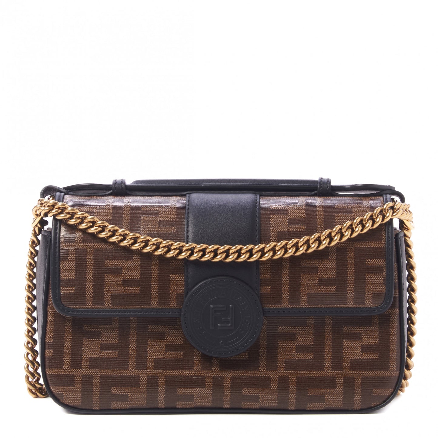 Vitello Grace Glazed Fabric FF 1974 Double F Shoulder Bag Black Mogano Panna