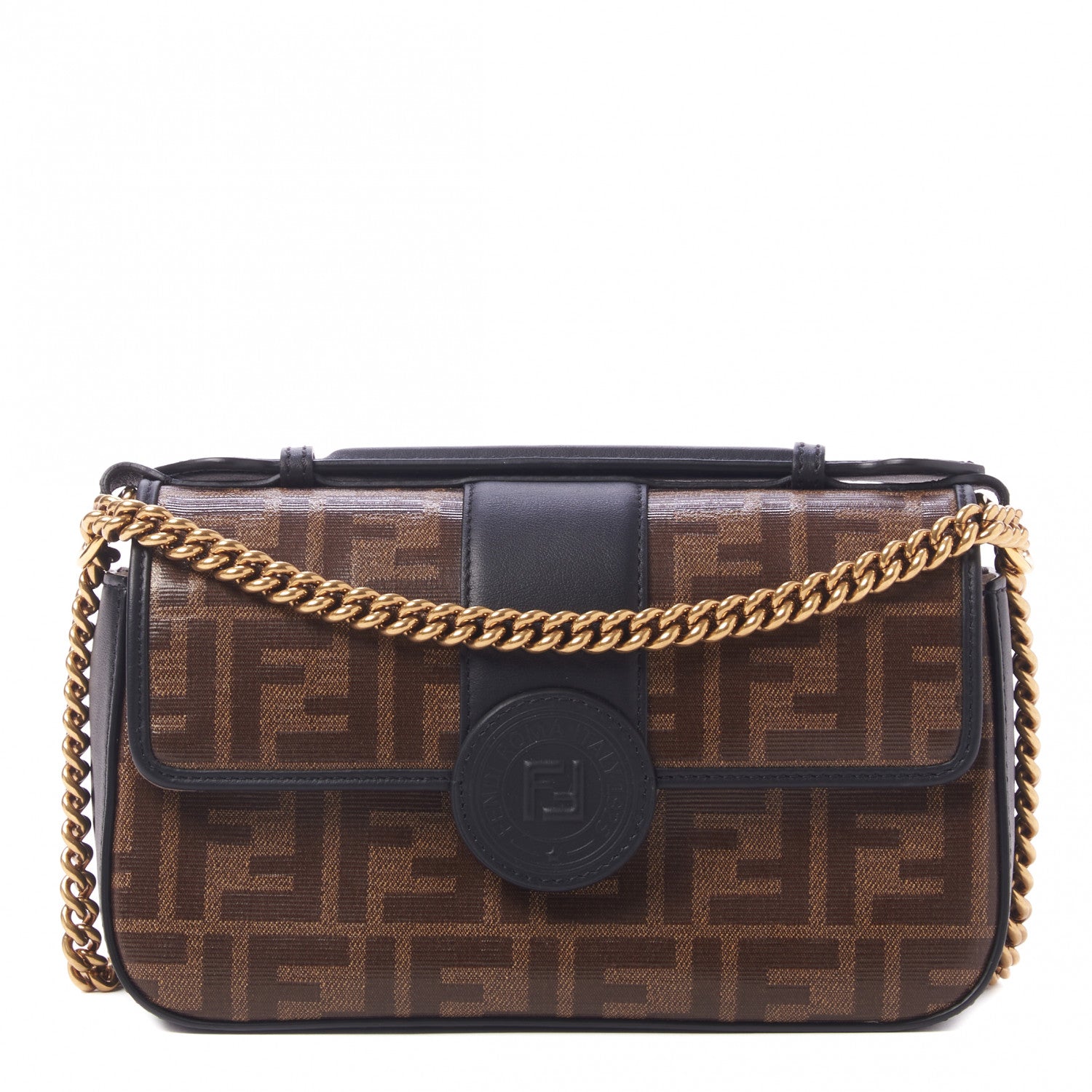Fendi Vitello Grace Glazed Fabric FF 1974 Double F Shoulder Bag Black Mogano Panna 1 of 9