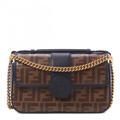 Fendi Vitello Grace Glazed Fabric FF 1974 Double F Shoulder Bag Black Mogano Panna 1 of 9