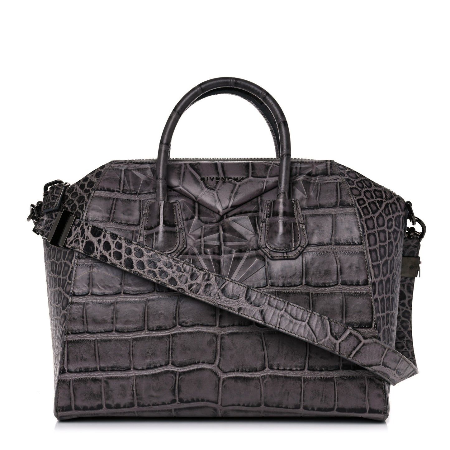 Calfskin Crocodile Embossed 3D Stud Medium Antigona Storm Grey