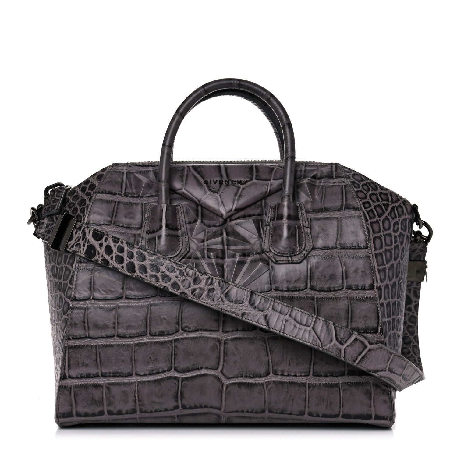 Givenchy Calfskin Crocodile Embossed 3D Stud Medium Antigona Storm Grey 1 of 11