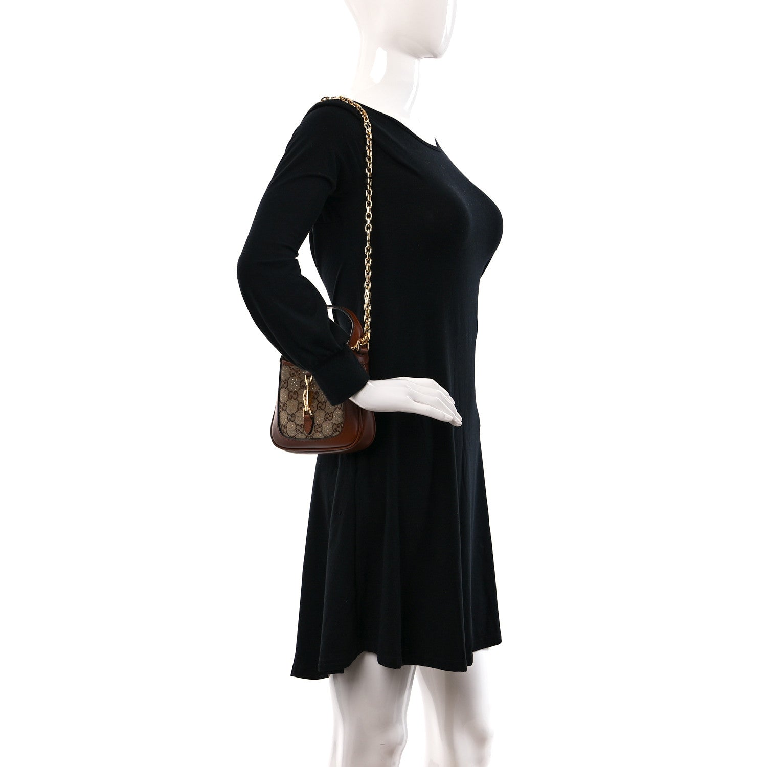 Gucci New Canvas Charisma Calfskin Crystal GG Monogram Mini Jackie 1961 Hobo Camel Ebony 2 of 8