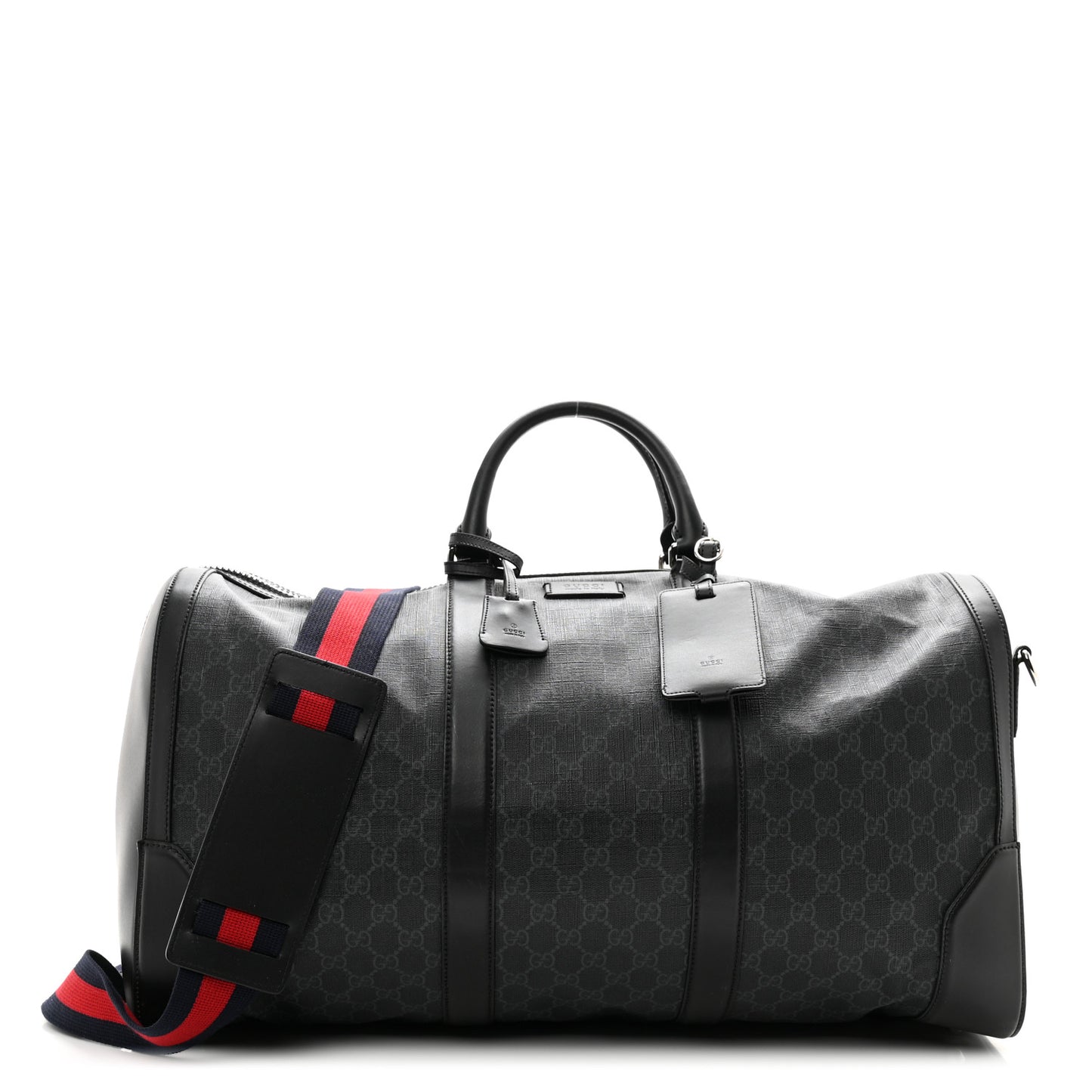 Soft GG Supreme Monogram Appia Calfskin Web Large Carry On Duffle Bag Black Grey
