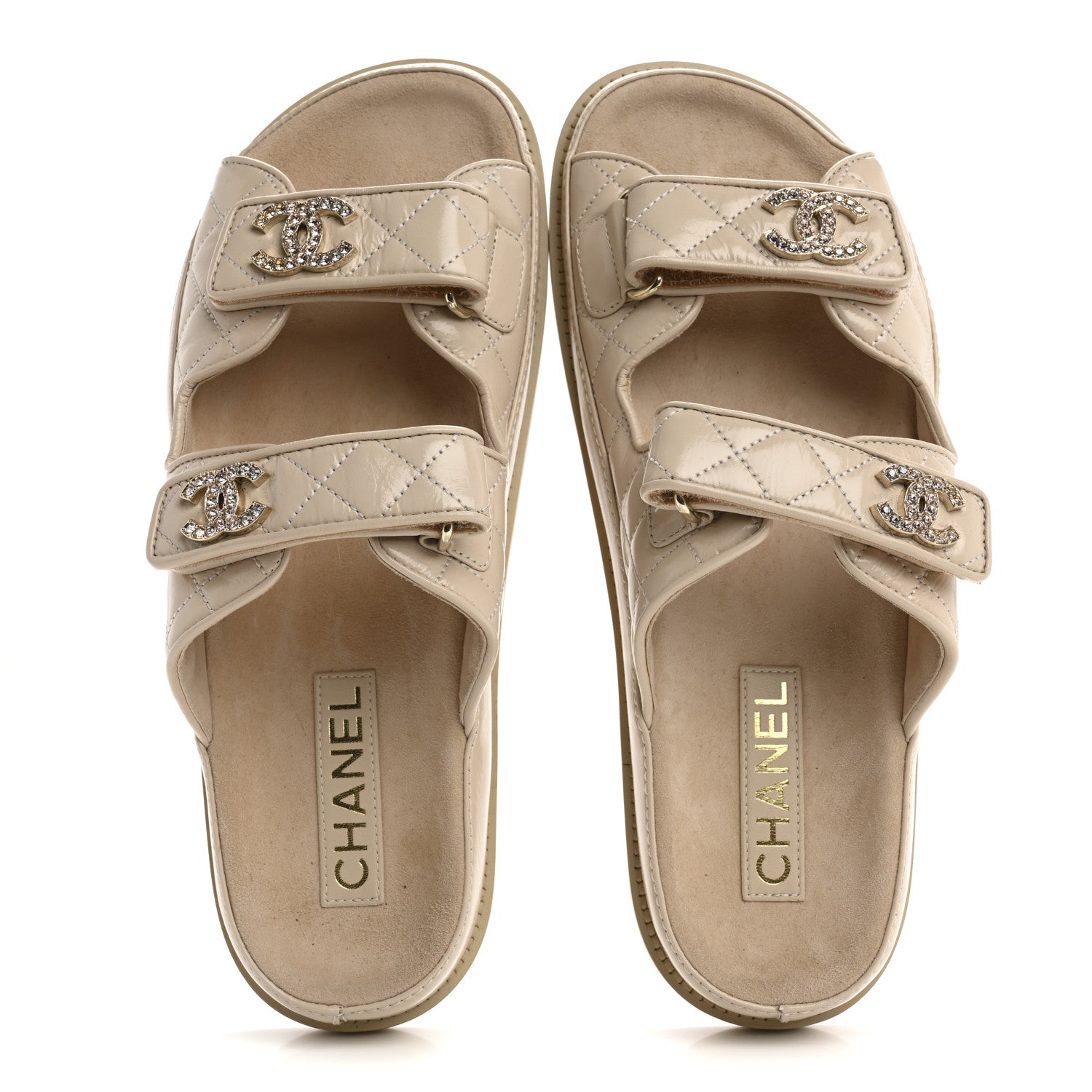 Chanel Shiny Calfskin Quilted Velcro Dad Crystal CC Slide Sandals 39.5 Beige 2 of 9