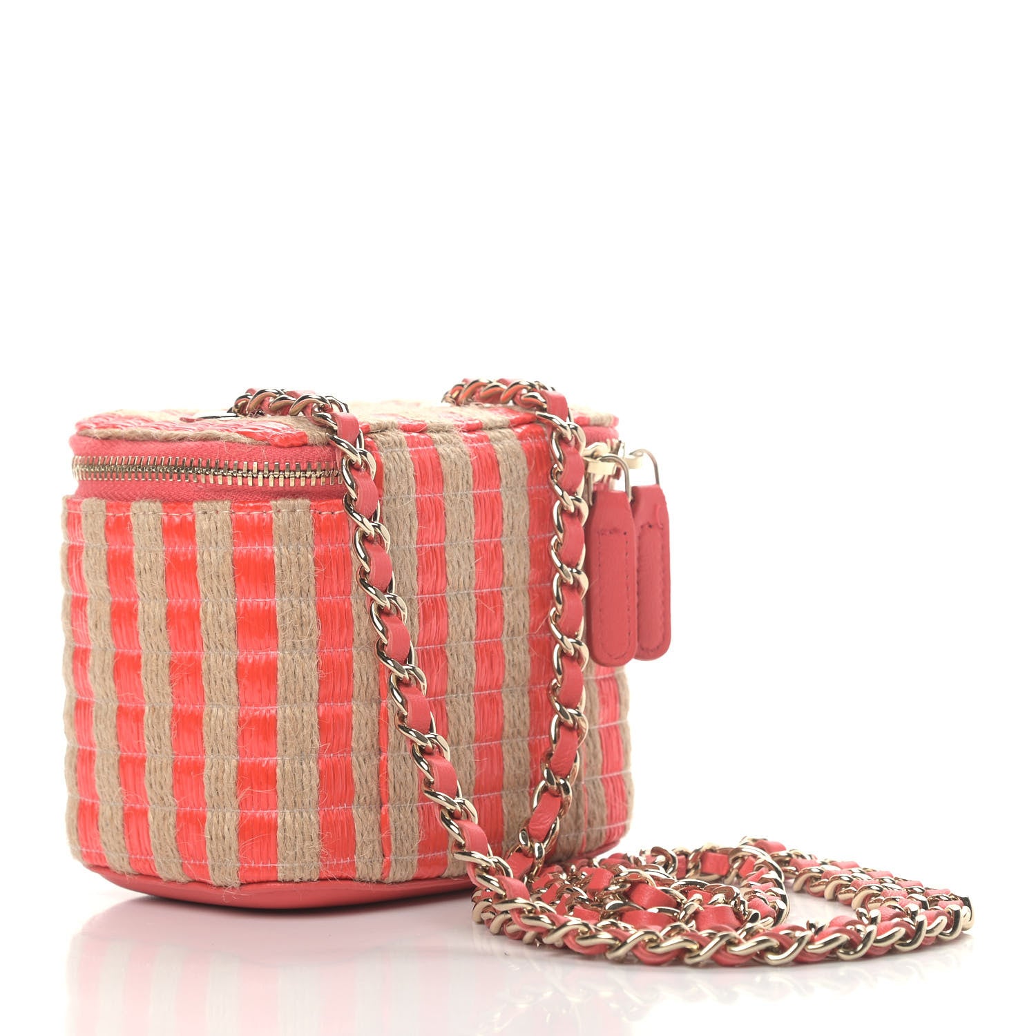 Chanel Raffia Jute Striped Mini Vanity Case With Chain Red Beige 2 of 4