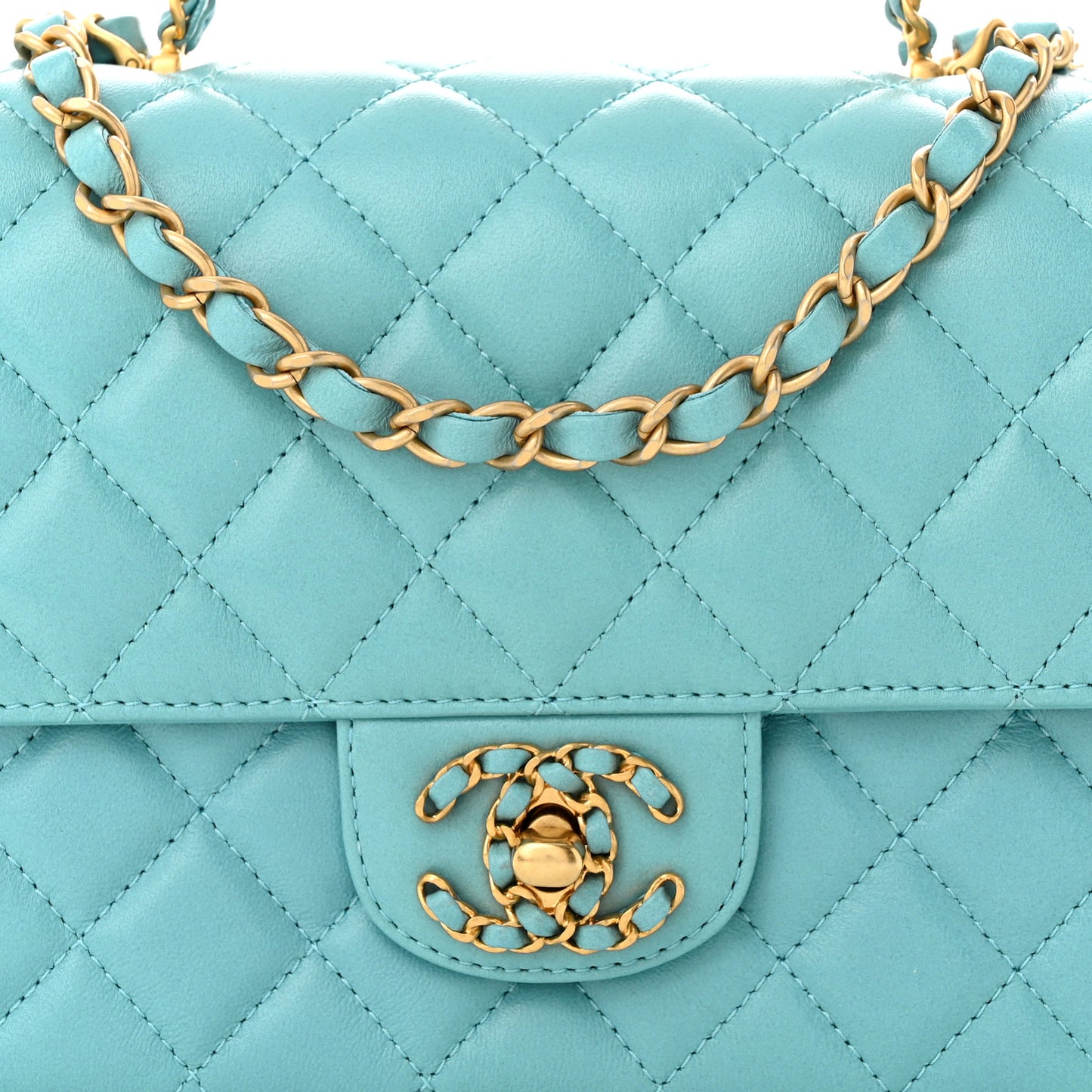 Lambskin Quilted Small Strass On Top Flap Bag Light Blue