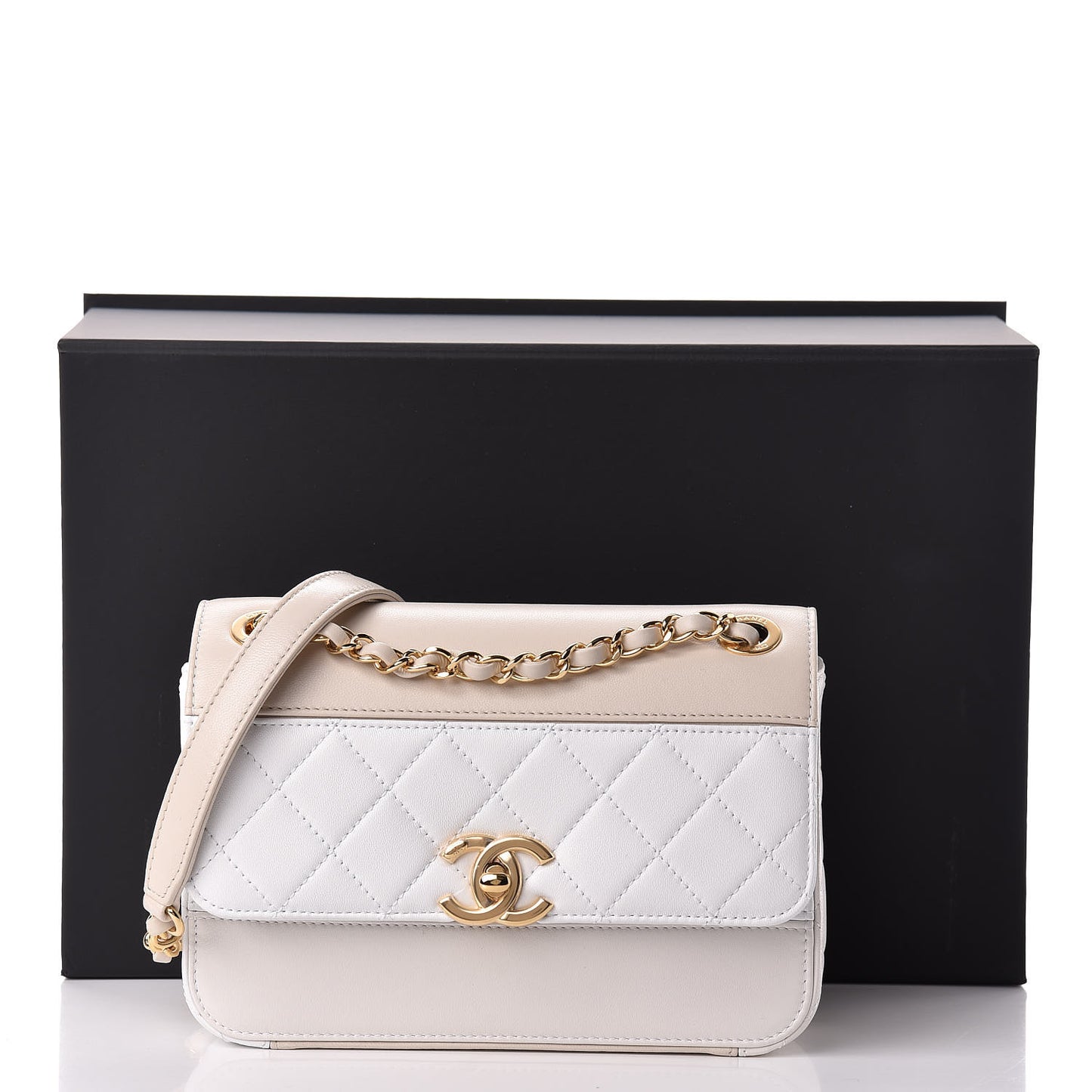 Lambskin Calfskin Quilted Shoulder Flap Bag Beige White