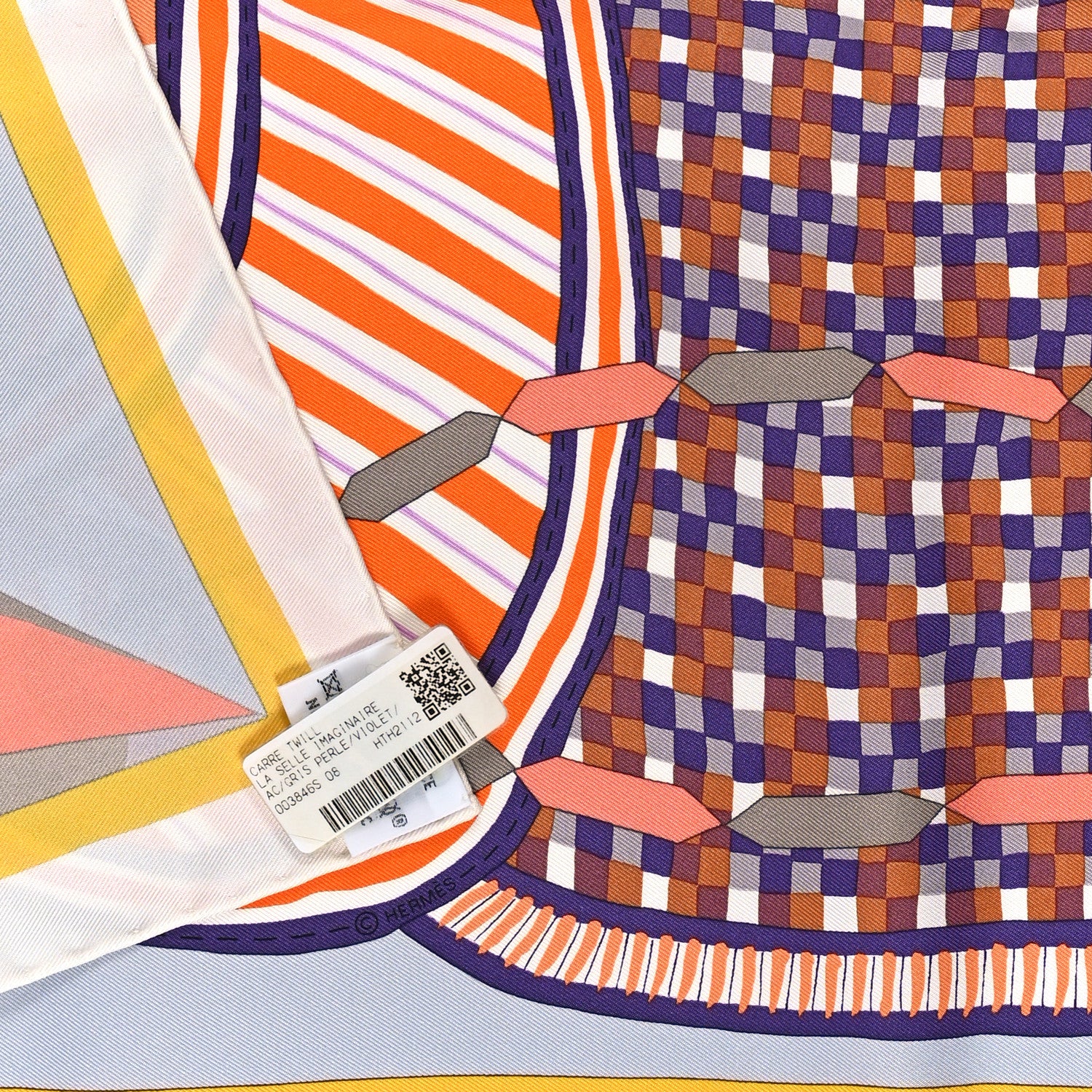 Hermes Silk La Selle Imaginaire Dossard Scarf 90 Gris Perle Violet