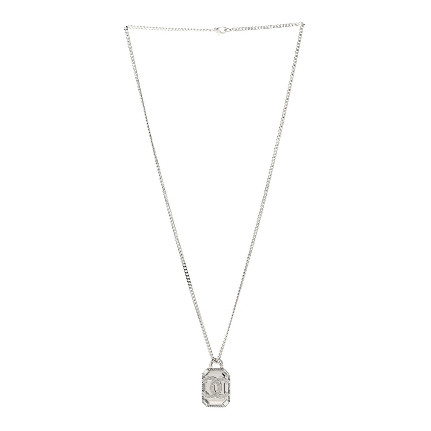 Crystal Baguette CC Mirror Pendant Necklace Silver