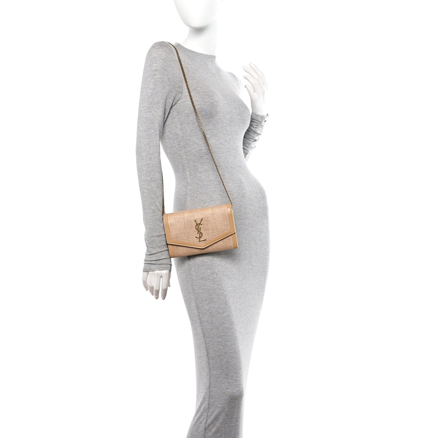 Micro Raffia Monogram Uptown Chain Wallet Natural Hay Blush