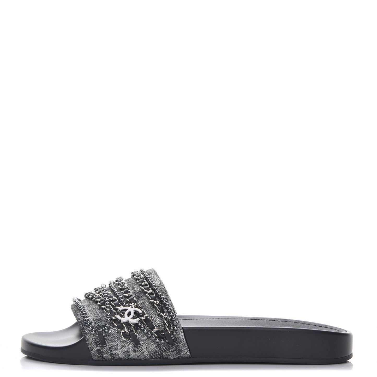 Fantasy Lambskin Pearl Chain CC Flat Mules 42 Silver Black