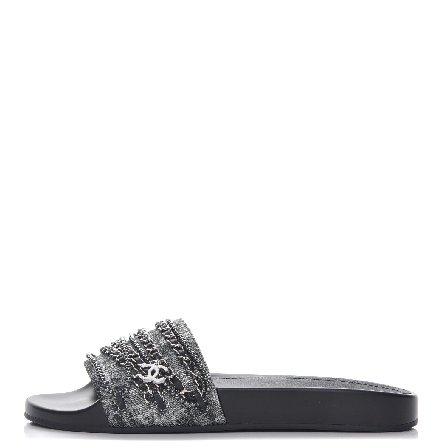 Chanel Fantasy Lambskin Pearl Chain CC Flat Mules 42 Silver Black 1 of 9