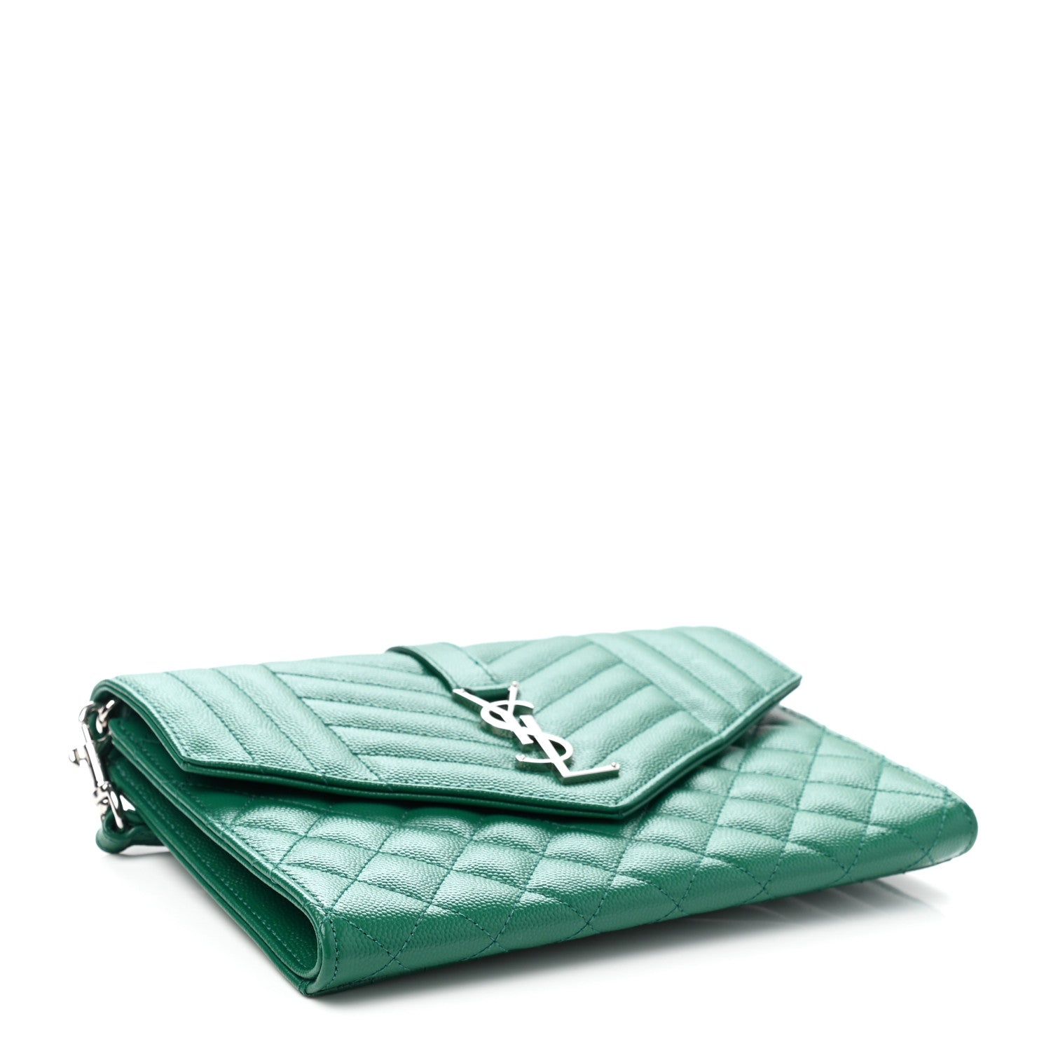 Saint Laurent Grain De Poudre Textured Mixed Matelasse Triquilt Monogram Clutch Green Field 4 of 10