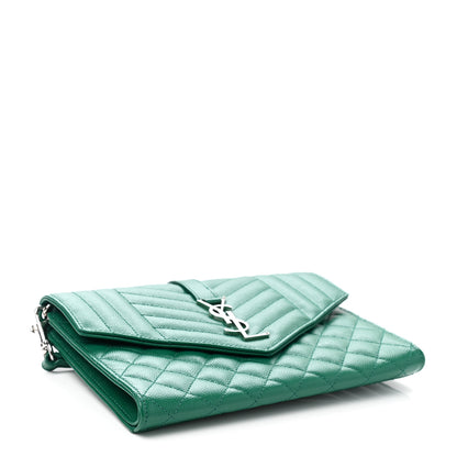 Saint Laurent Grain De Poudre Textured Mixed Matelasse Triquilt Monogram Clutch Green Field 4 of 10