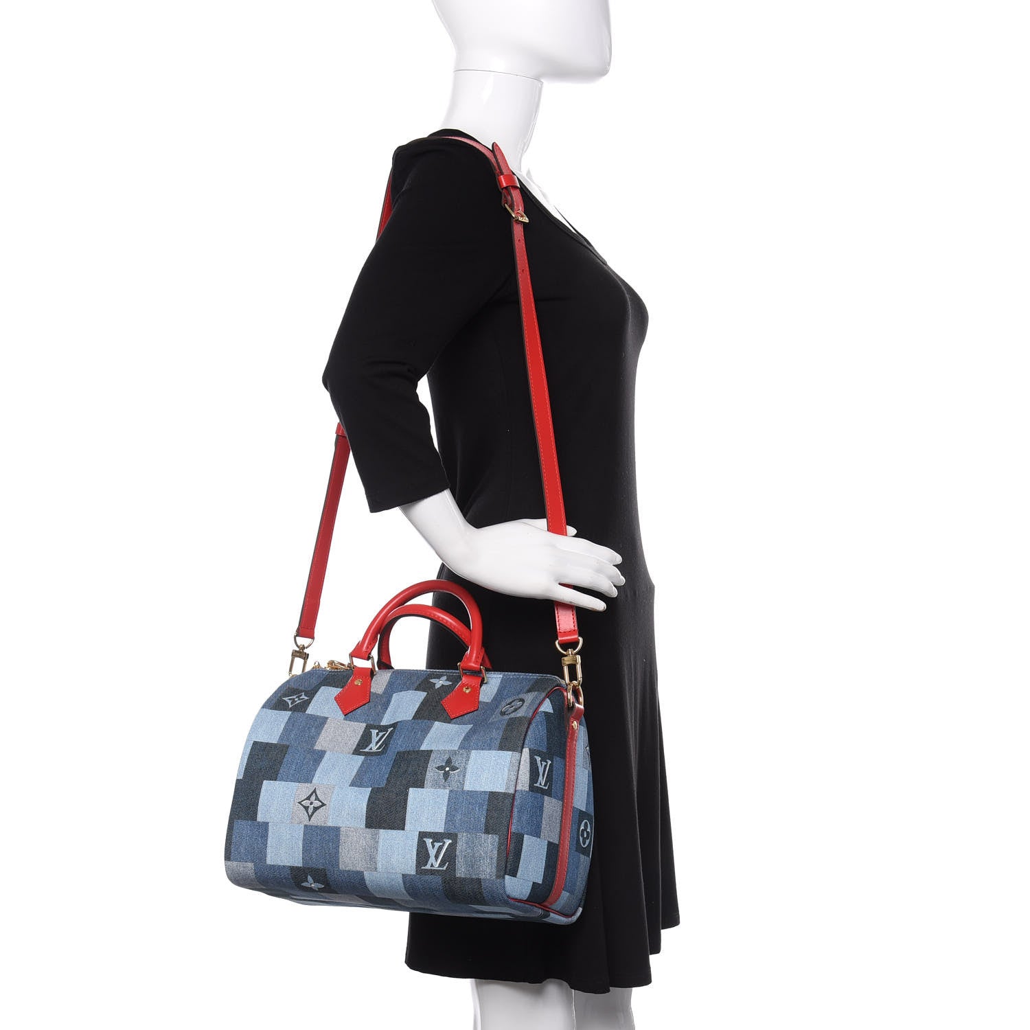 Louis Vuitton Denim Damier Monogram Patchwork Speedy Bandouliere 30 Blue Rouge 2 of 11