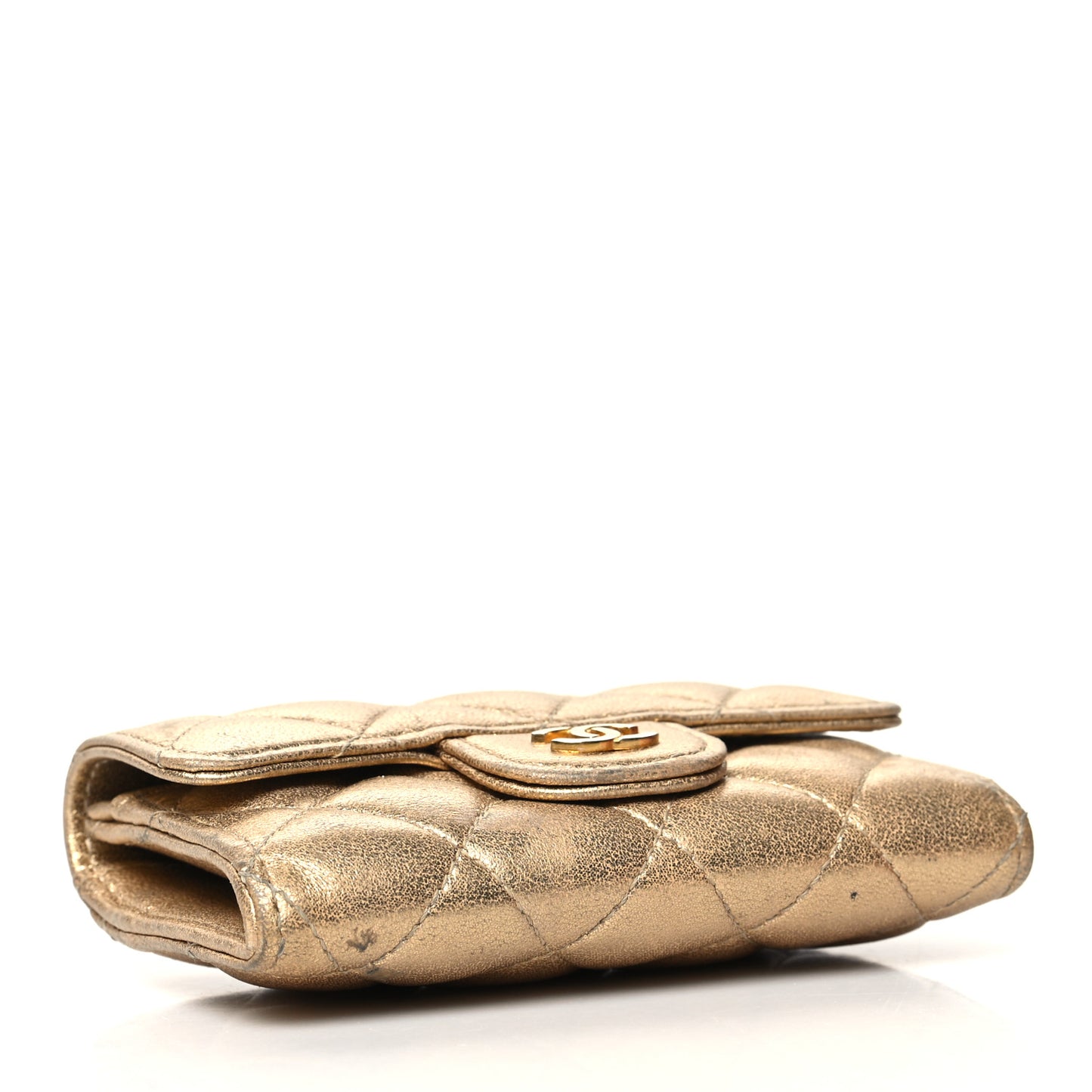 Metallic Lambskin Quilted Flap Card Holder Wallet Gold