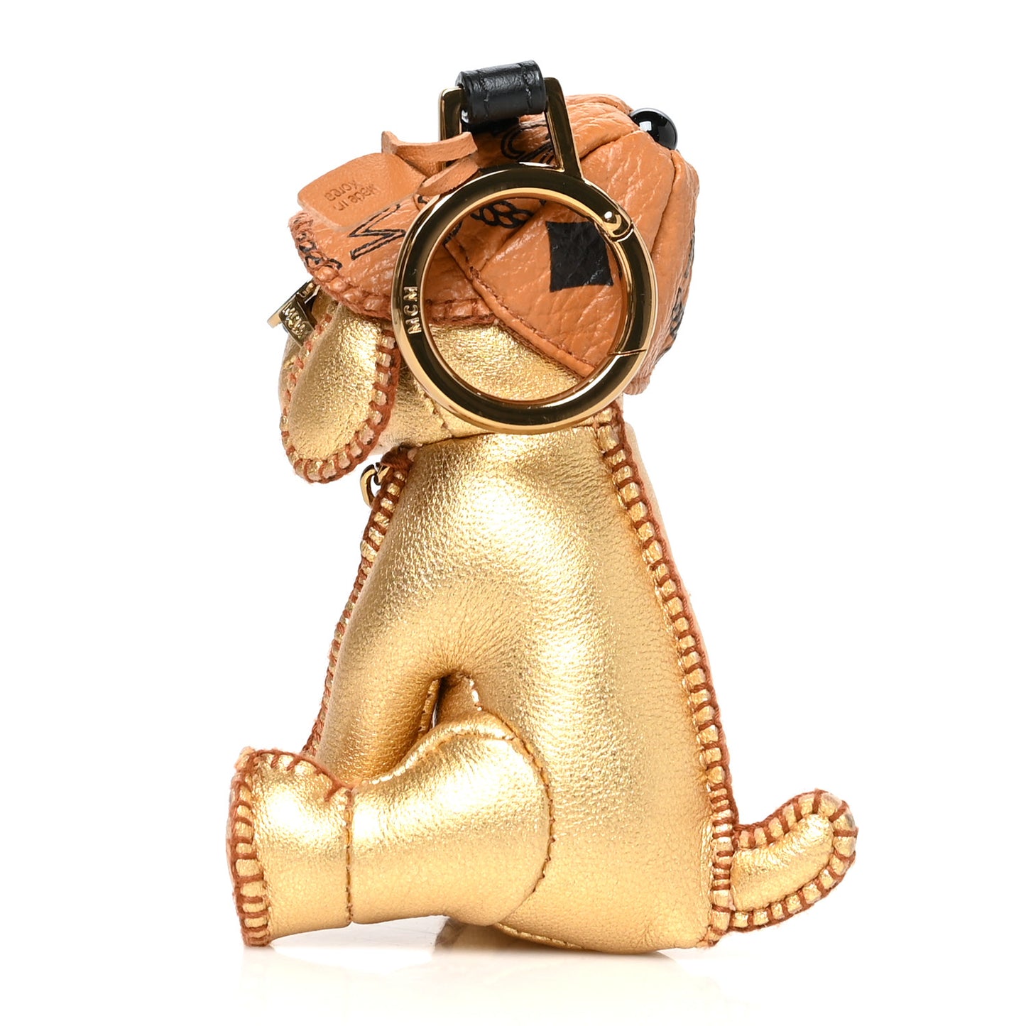 Metallic Visetos Dog Key Ring Bag Charm Gold Cognac