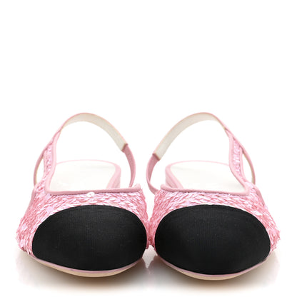 Chanel Sequins Satin Cap Toe CC Slingback Flat 37 Pink Black 3 of 10