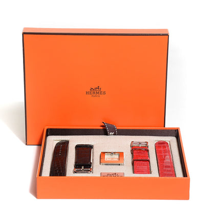 Hermes Shiny Porosus Crocodile 26mm SS Belt Quartz Watch Noir and Rouge Vif 2 of 13