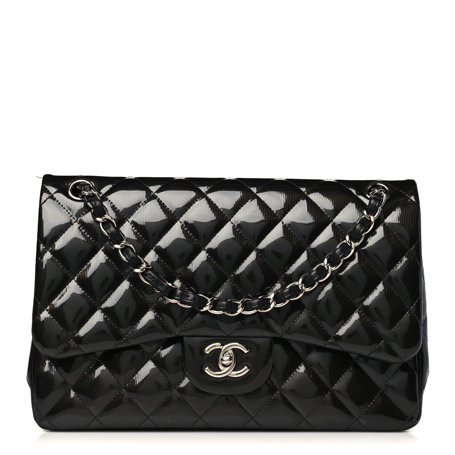 Chanel Striated Patent Quilted Jumbo Double Flap Black 1 of 11