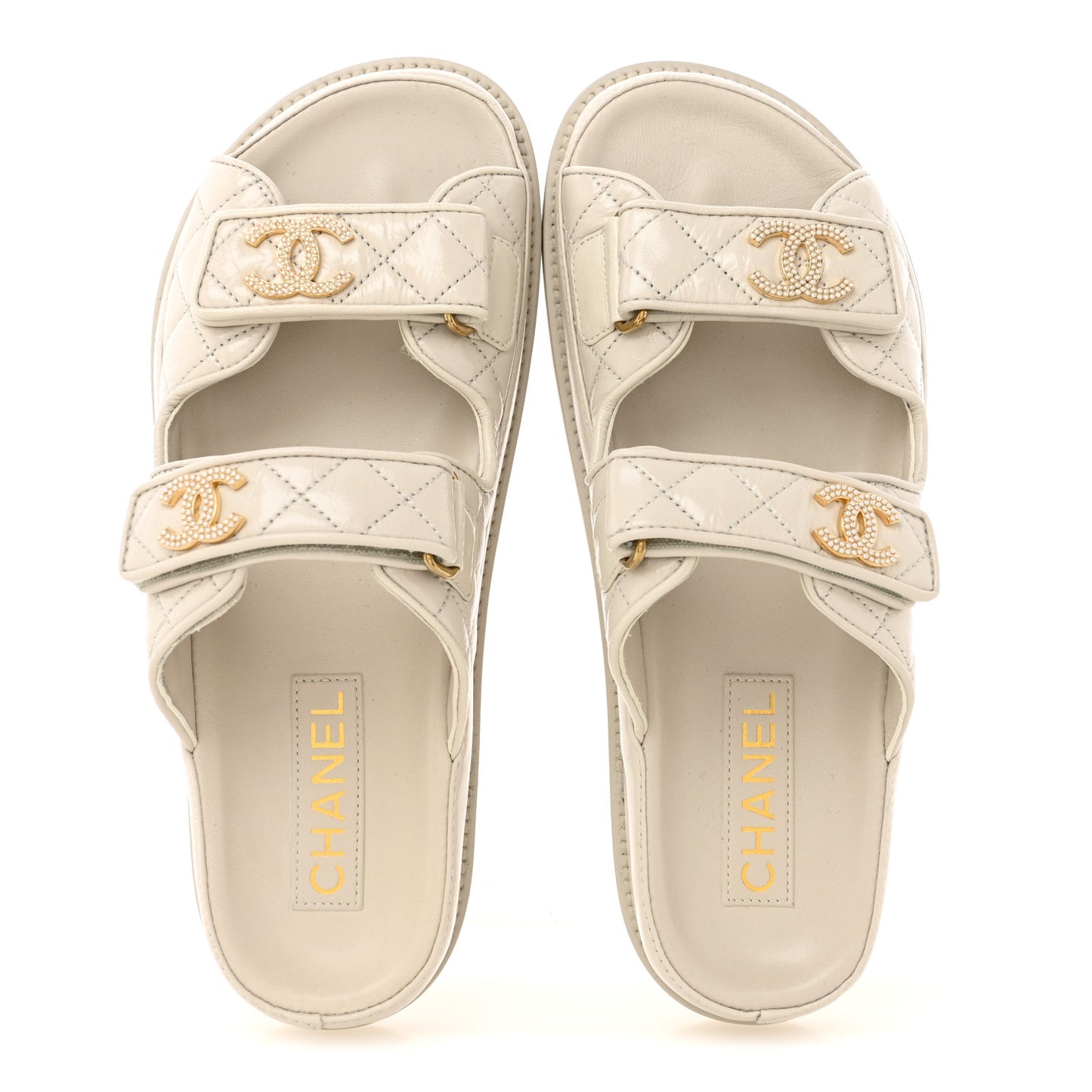 Shiny Calfskin Pearl Quilted Velcro Dad CC Slide Sandals 39 Light Beige