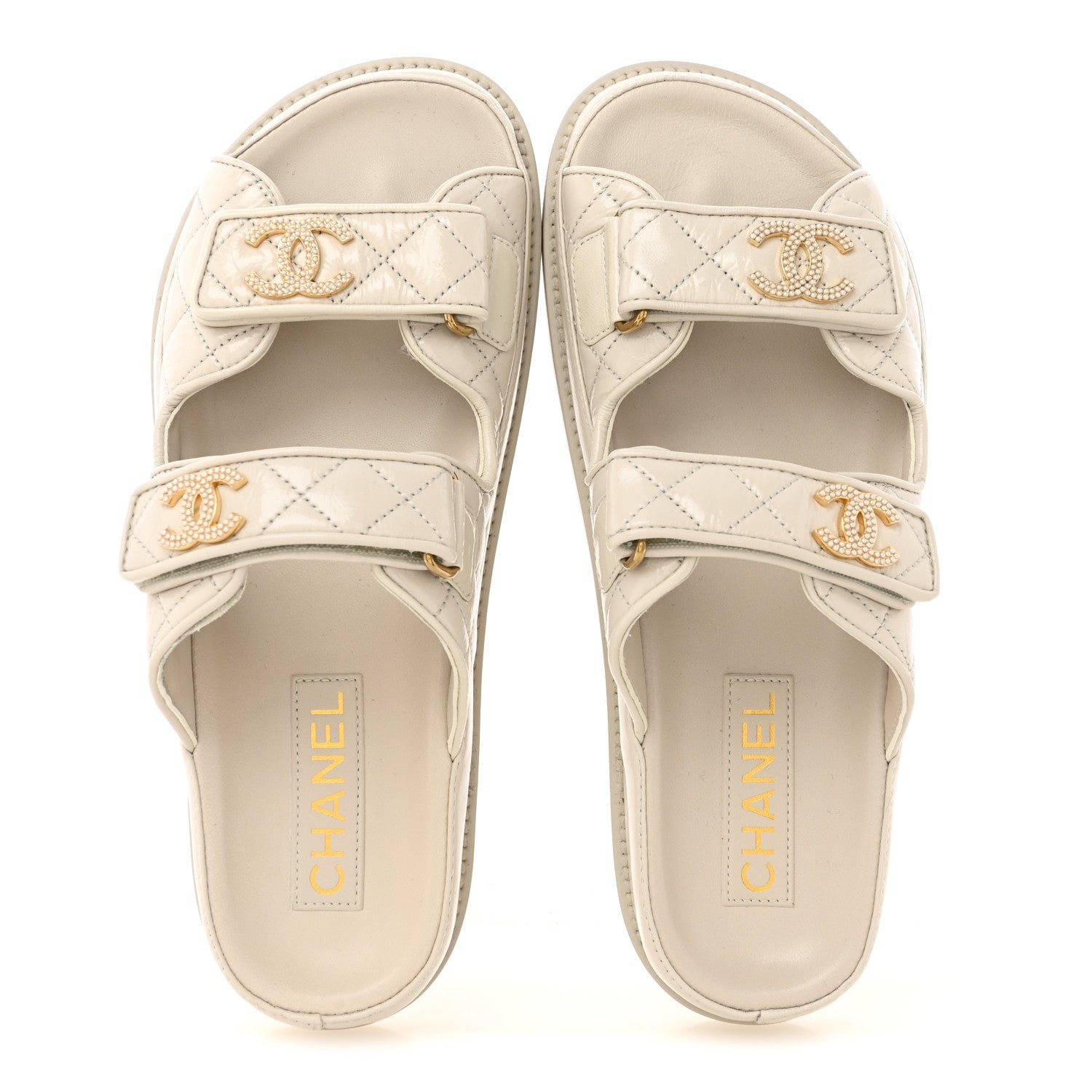 Chanel Shiny Calfskin Pearl Quilted Velcro Dad CC Slide Sandals 39 Light Beige 2 of 9