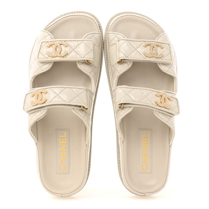 Chanel Shiny Calfskin Pearl Quilted Velcro Dad CC Slide Sandals 39 Light Beige 2 of 9