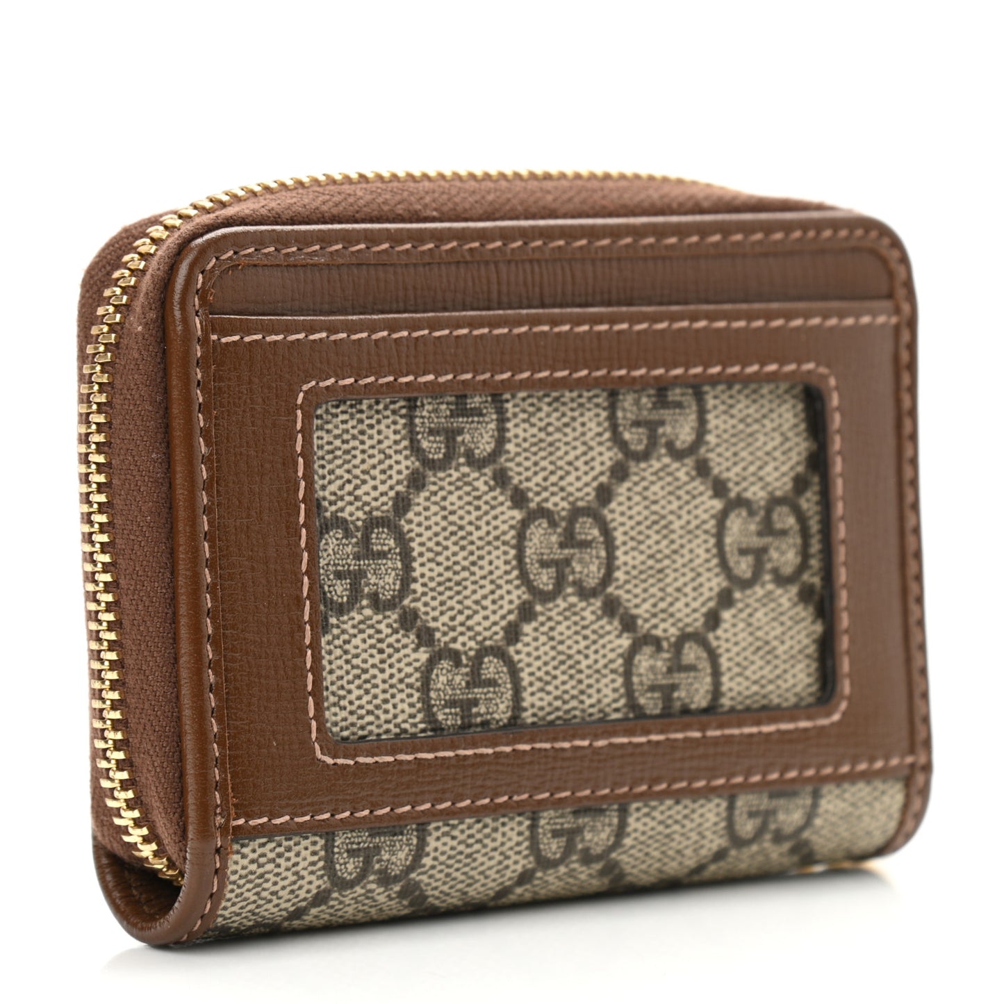 GG Supreme Monogram Azalea Calfskin Horsebit 1955 Zip Around ID Card Case Wallet Beige Ebony Brown Sugar