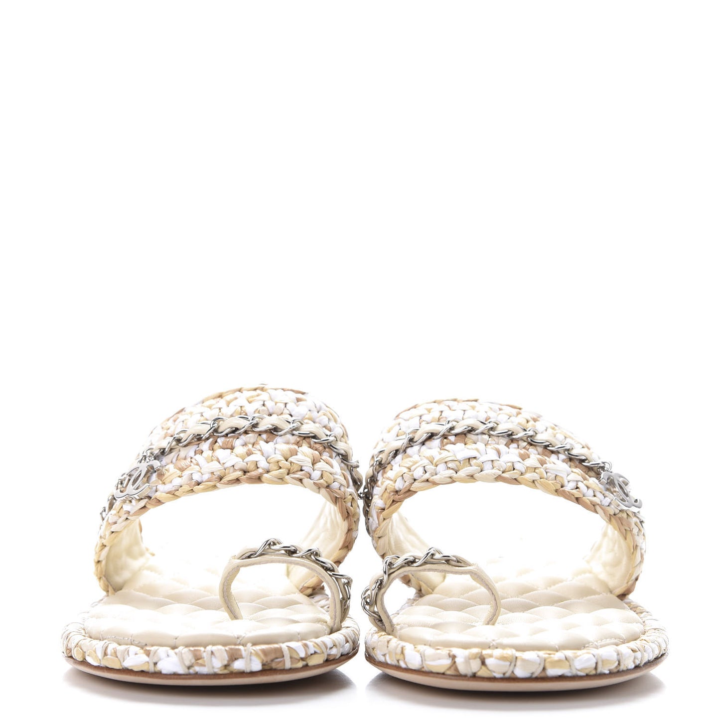Raffia Lambskin Sandals 38 Beige White