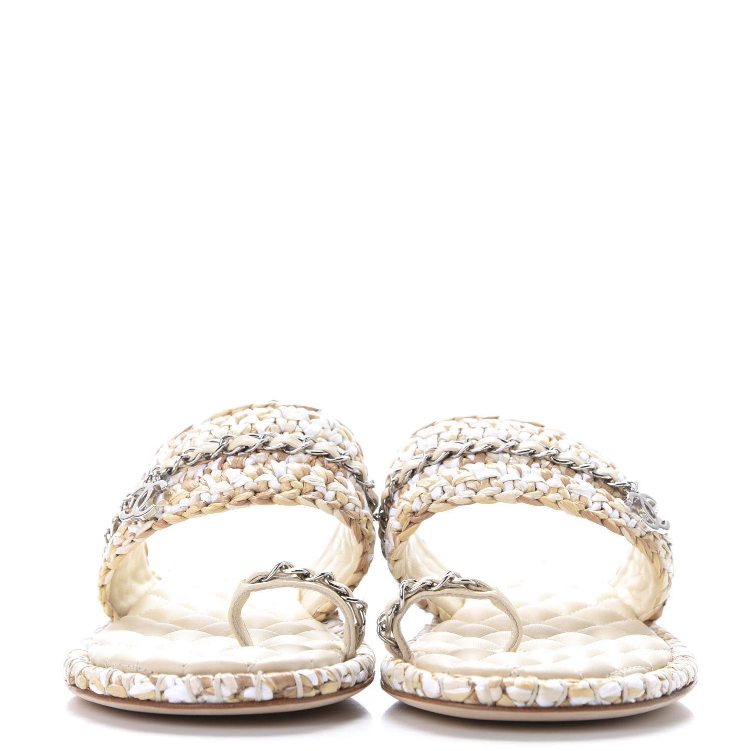 Chanel Raffia Lambskin Sandals 38 Beige White 3 of 10